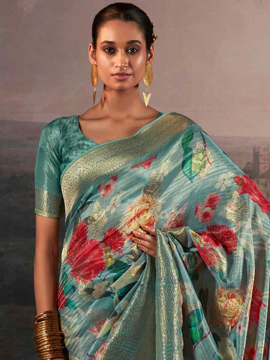 Sky Blue Pure Zari Linen Handwoven Casual Festival Classic Style Saree