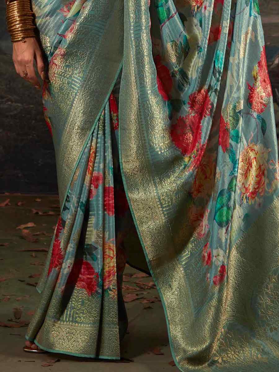 Sky Blue Pure Zari Linen Handwoven Casual Festival Classic Style Saree