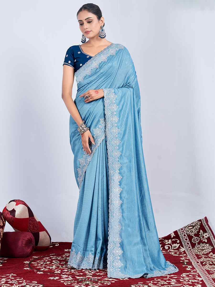 Sky Blue Rangoli Embroidered Festival Party Heavy Border Saree