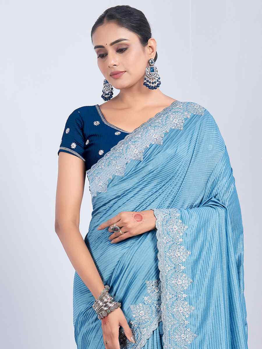 Sky Blue Rangoli Embroidered Festival Party Heavy Border Saree