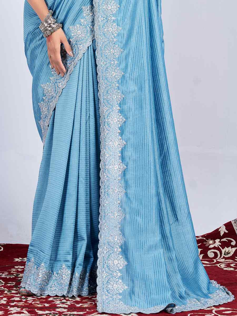 Sky Blue Rangoli Embroidered Festival Party Heavy Border Saree