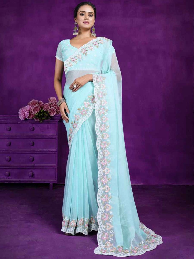 Sky Blue Rangoli Embroidered Wedding Party Heavy Border Saree