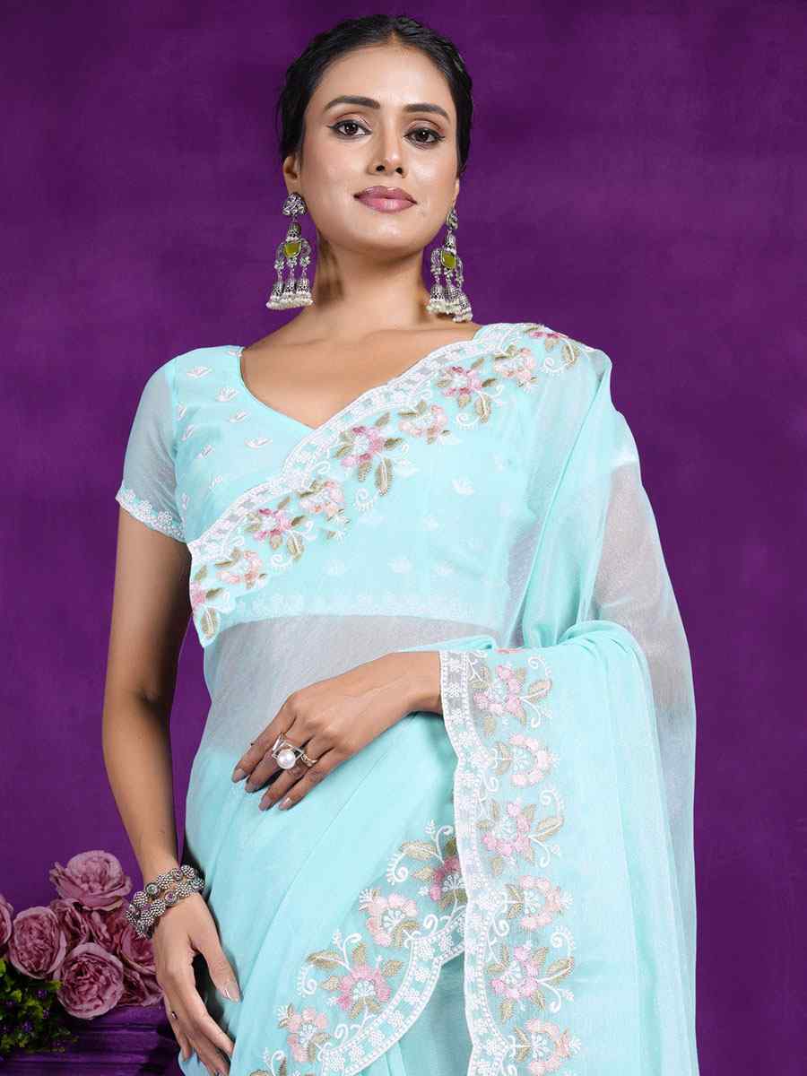 Sky Blue Rangoli Embroidered Wedding Party Heavy Border Saree