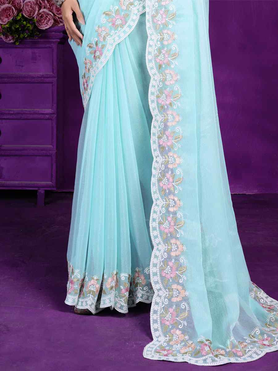 Sky Blue Rangoli Embroidered Wedding Party Heavy Border Saree