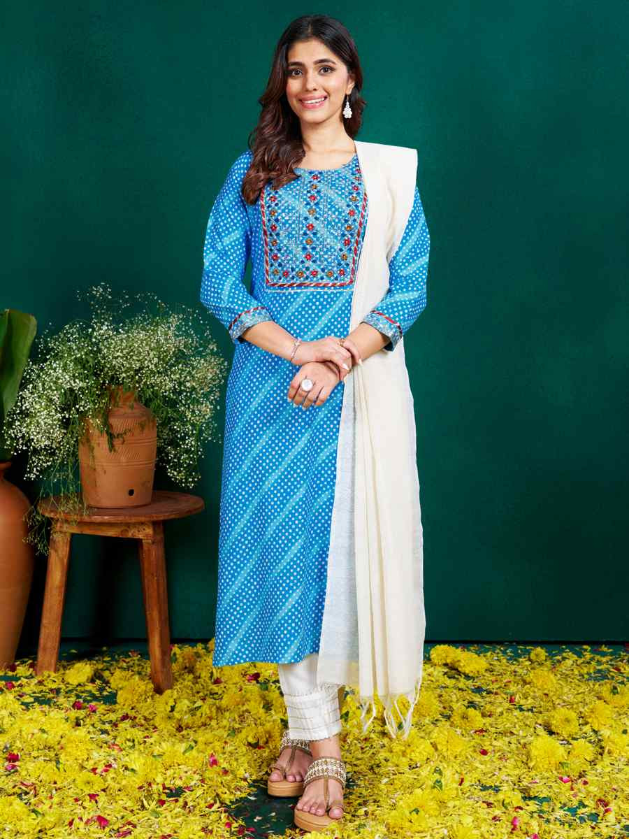 Sky Blue Rayon Printed Festival Casual Pant Salwar Kameez