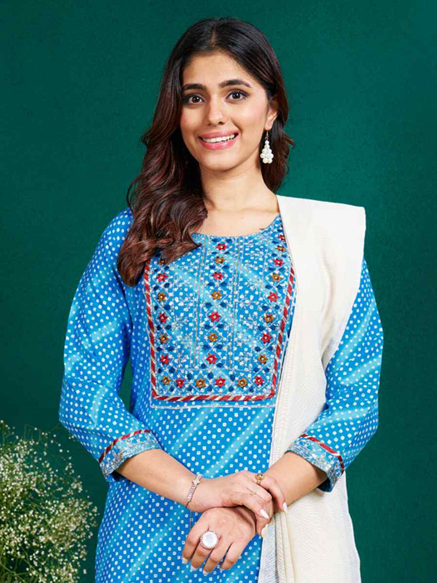 Sky Blue Rayon Printed Festival Casual Pant Salwar Kameez