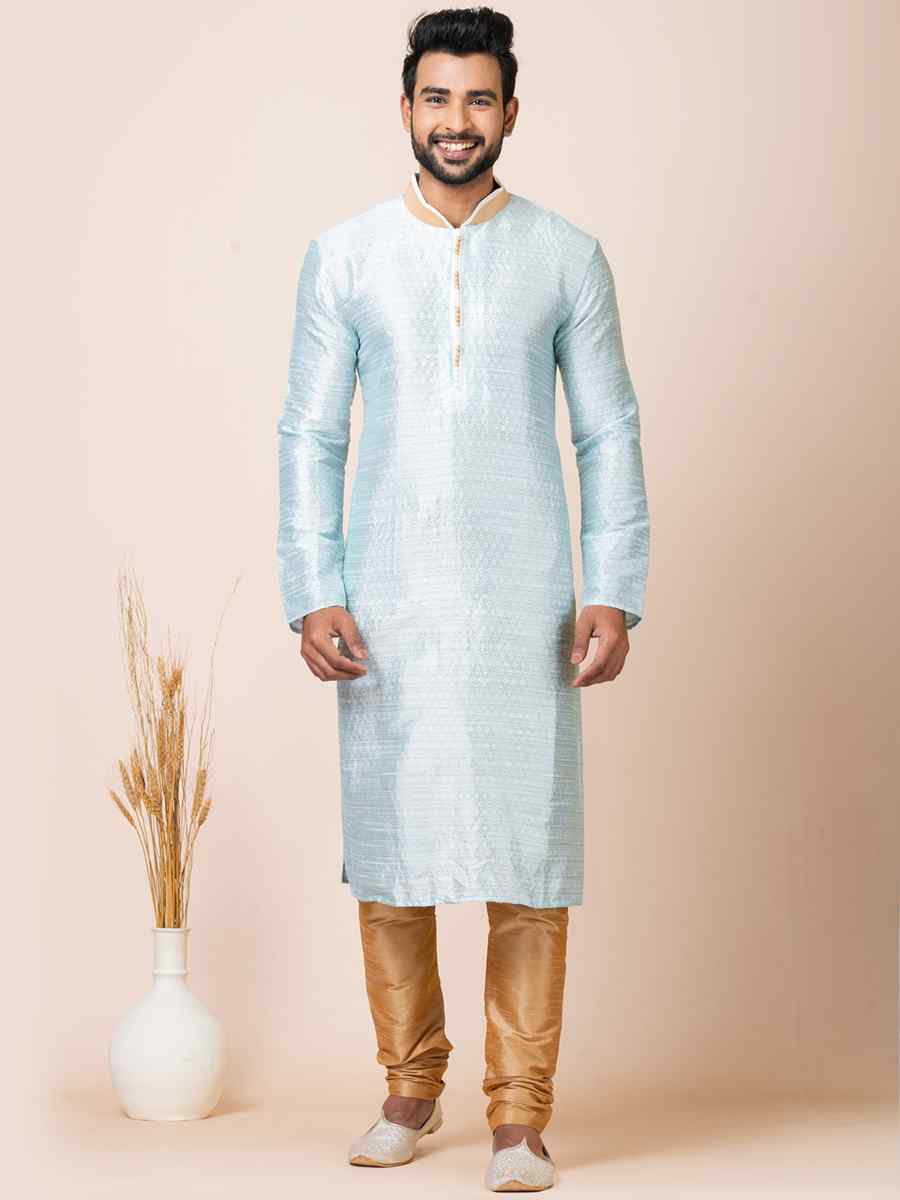 Sky Blue Self Jacquard Woven Festival Mehendi Kurta