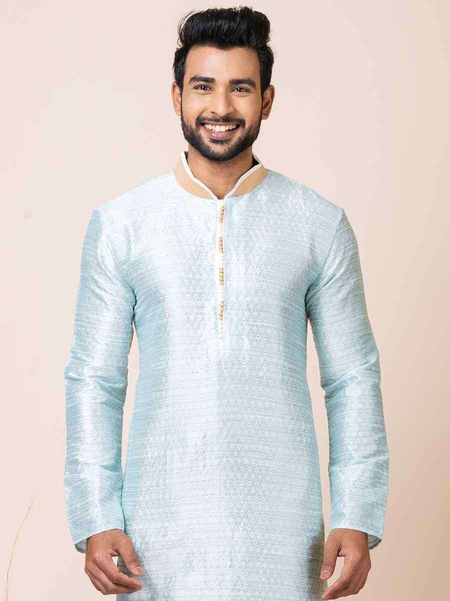 Sky Blue Self Jacquard Woven Festival Mehendi Kurta