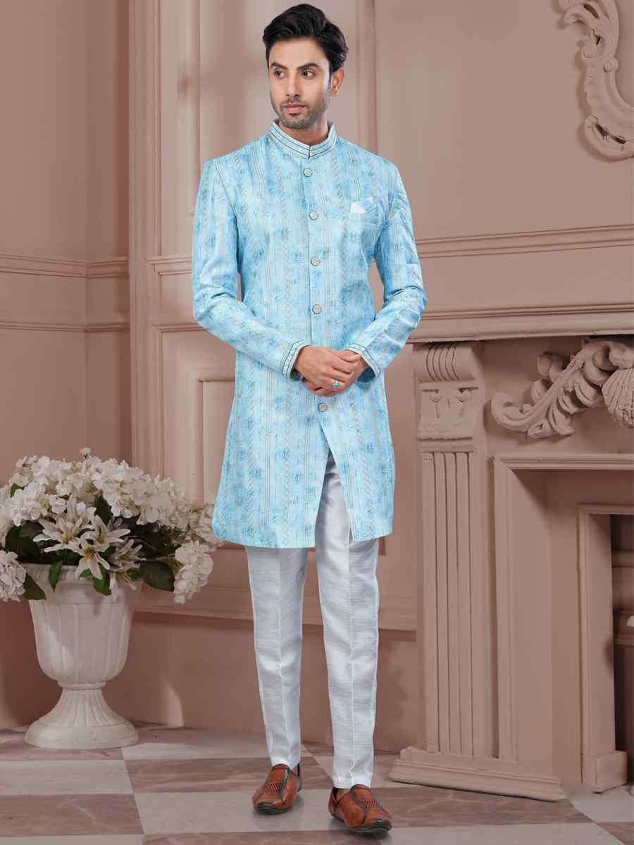 Sky Blue Silk Dupion Embroidered Festival Wedding Sherwani