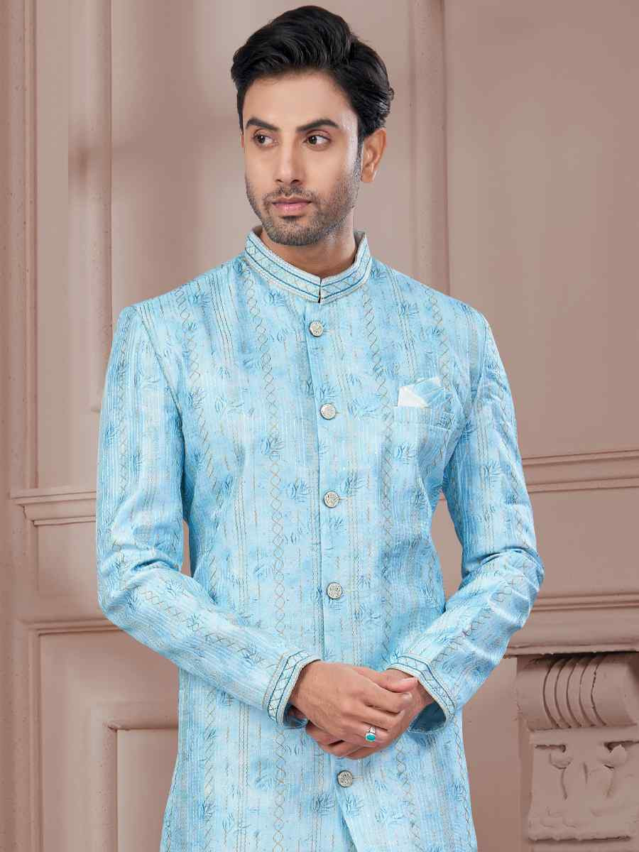 Sky Blue Silk Dupion Embroidered Festival Wedding Sherwani