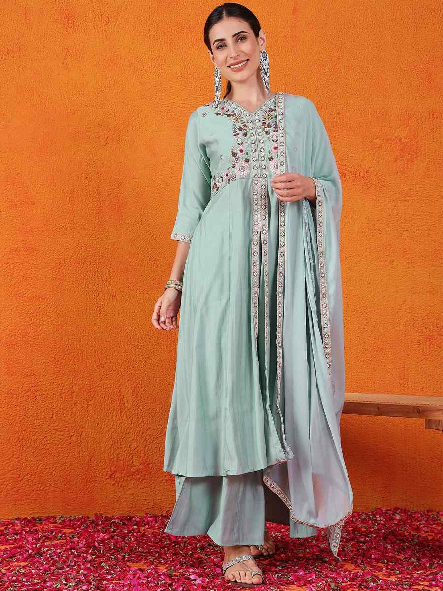 Sky Blue Silk Embroidered Festival Wedding Ready Palazzo Pant Salwar Kameez