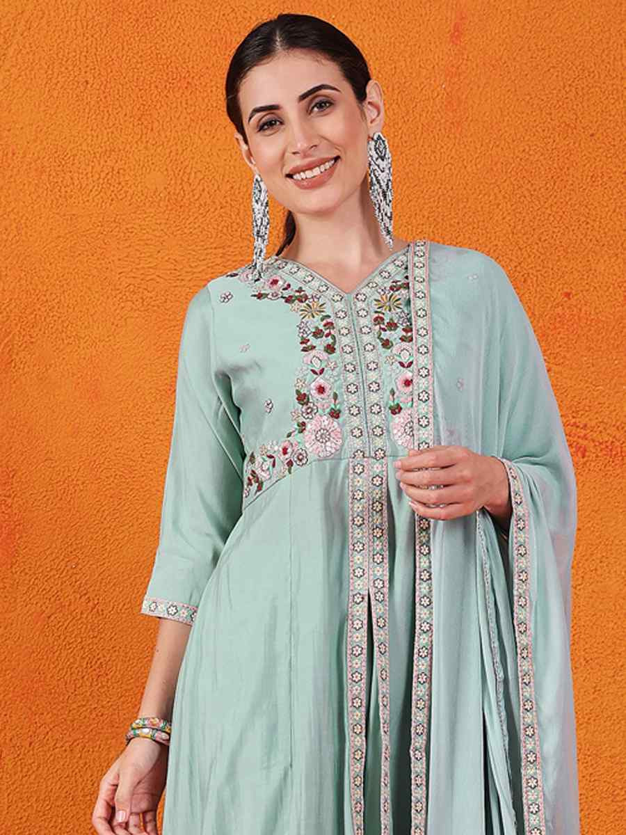 Sky Blue Silk Embroidered Festival Wedding Ready Palazzo Pant Salwar Kameez