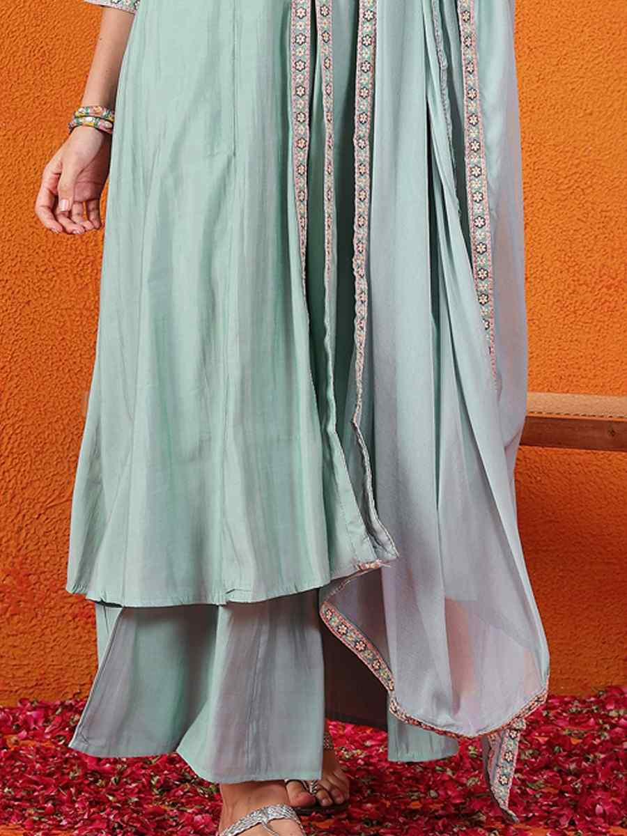 Sky Blue Silk Embroidered Festival Wedding Ready Palazzo Pant Salwar Kameez