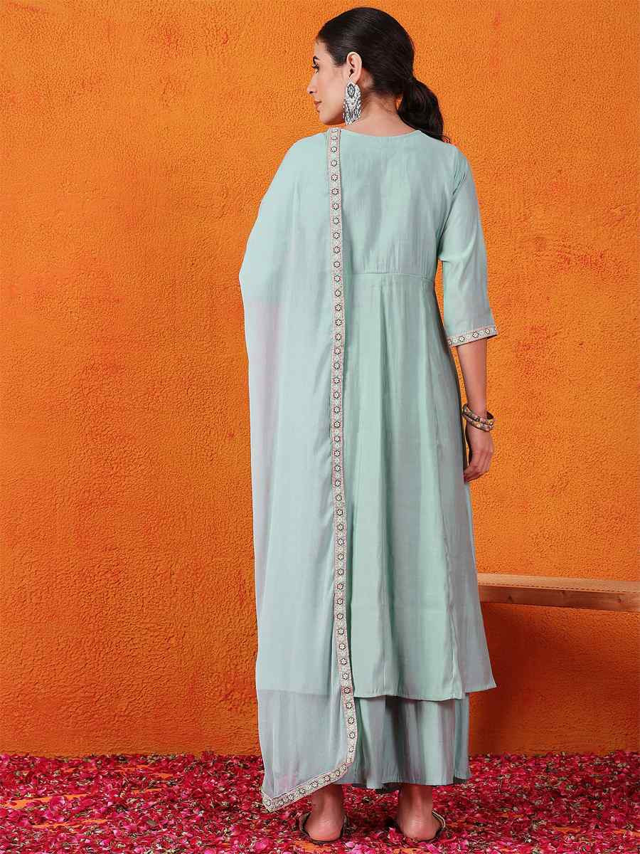 Sky Blue Silk Embroidered Festival Wedding Ready Palazzo Pant Salwar Kameez