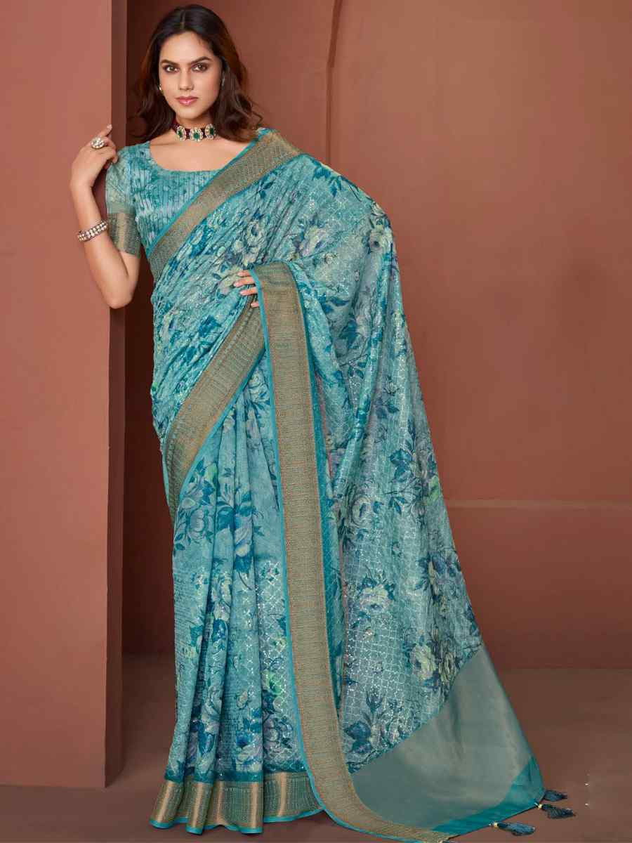 Sky Blue Silk Embroidered Reception Party Heavy Border Saree