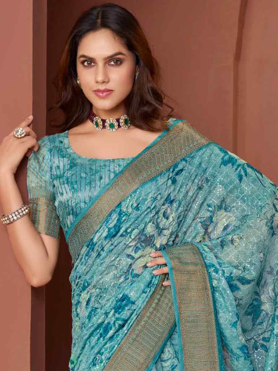 Sky Blue Silk Embroidered Reception Party Heavy Border Saree