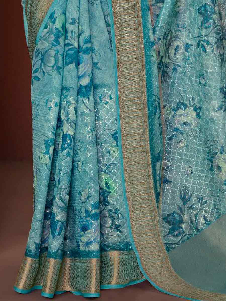 Sky Blue Silk Embroidered Reception Party Heavy Border Saree