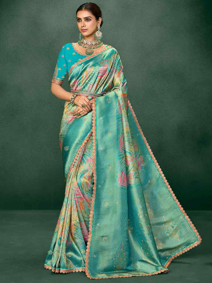 Sky Blue Silk Embroidered Reception Party Heavy Border Saree