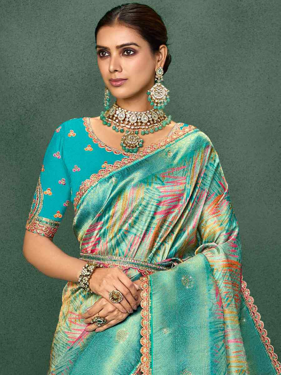 Sky Blue Silk Embroidered Reception Party Heavy Border Saree