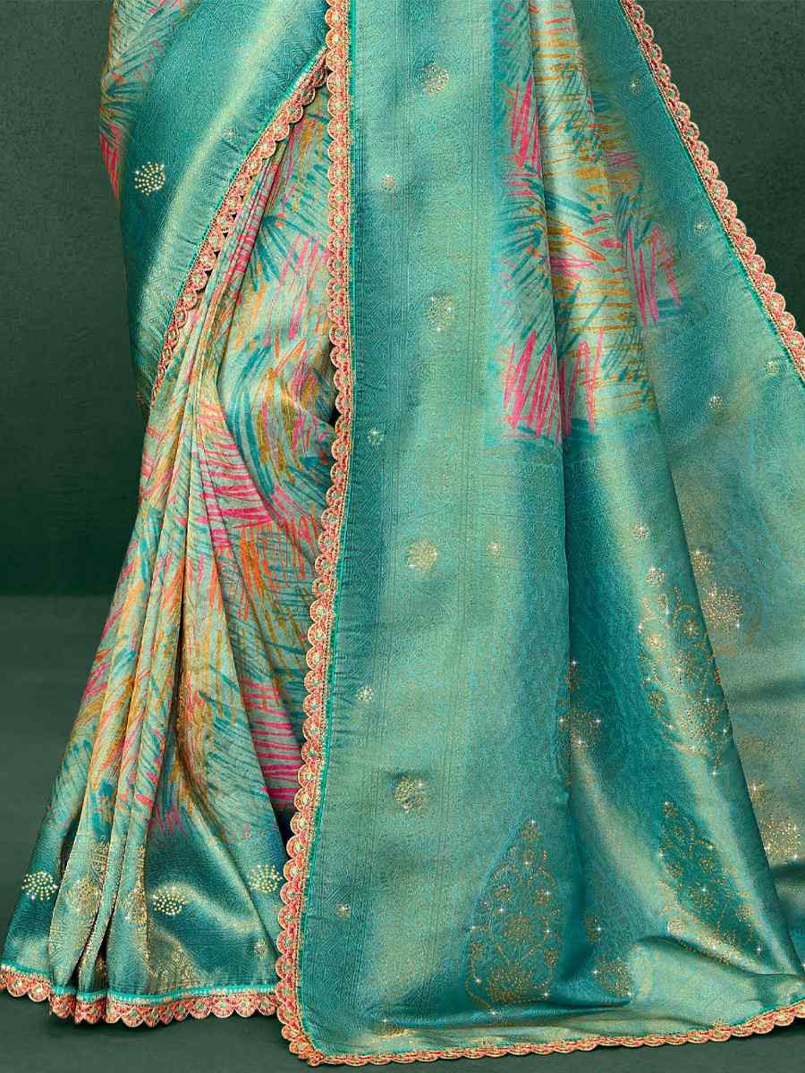 Sky Blue Silk Embroidered Reception Party Heavy Border Saree