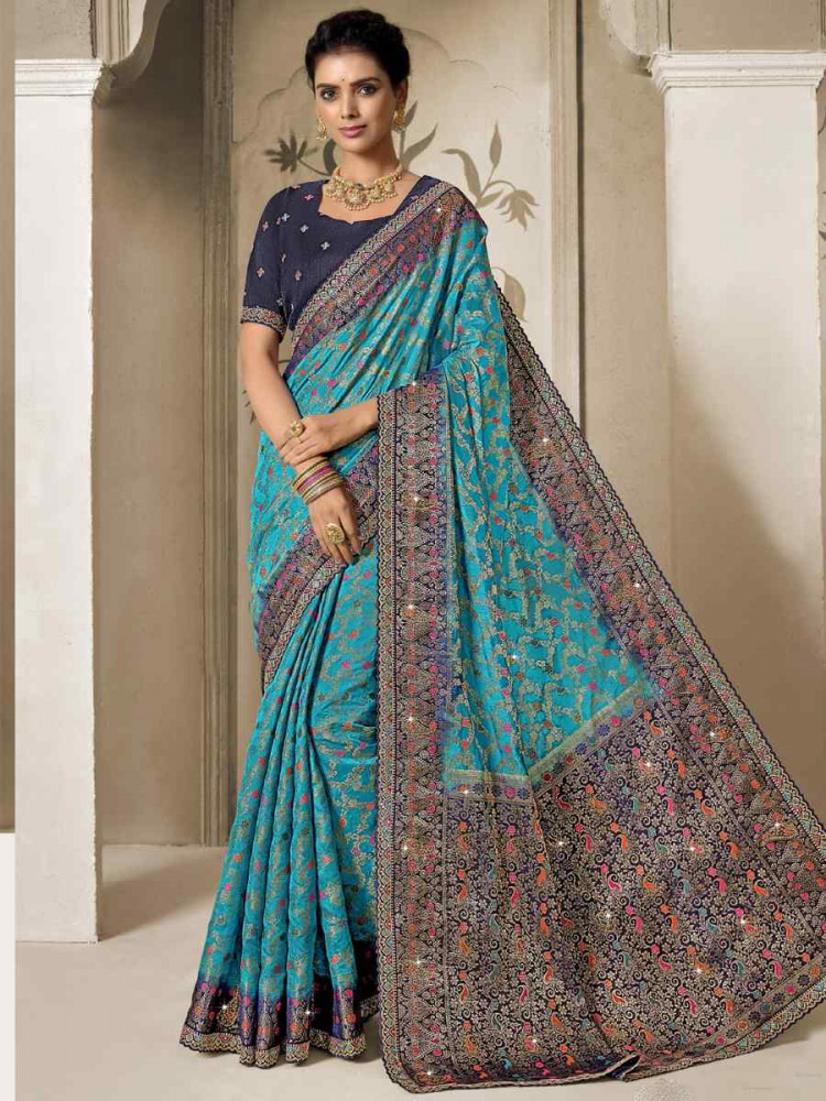 Sky Blue Silk Embroidered Reception Wedding Heavy Border Saree