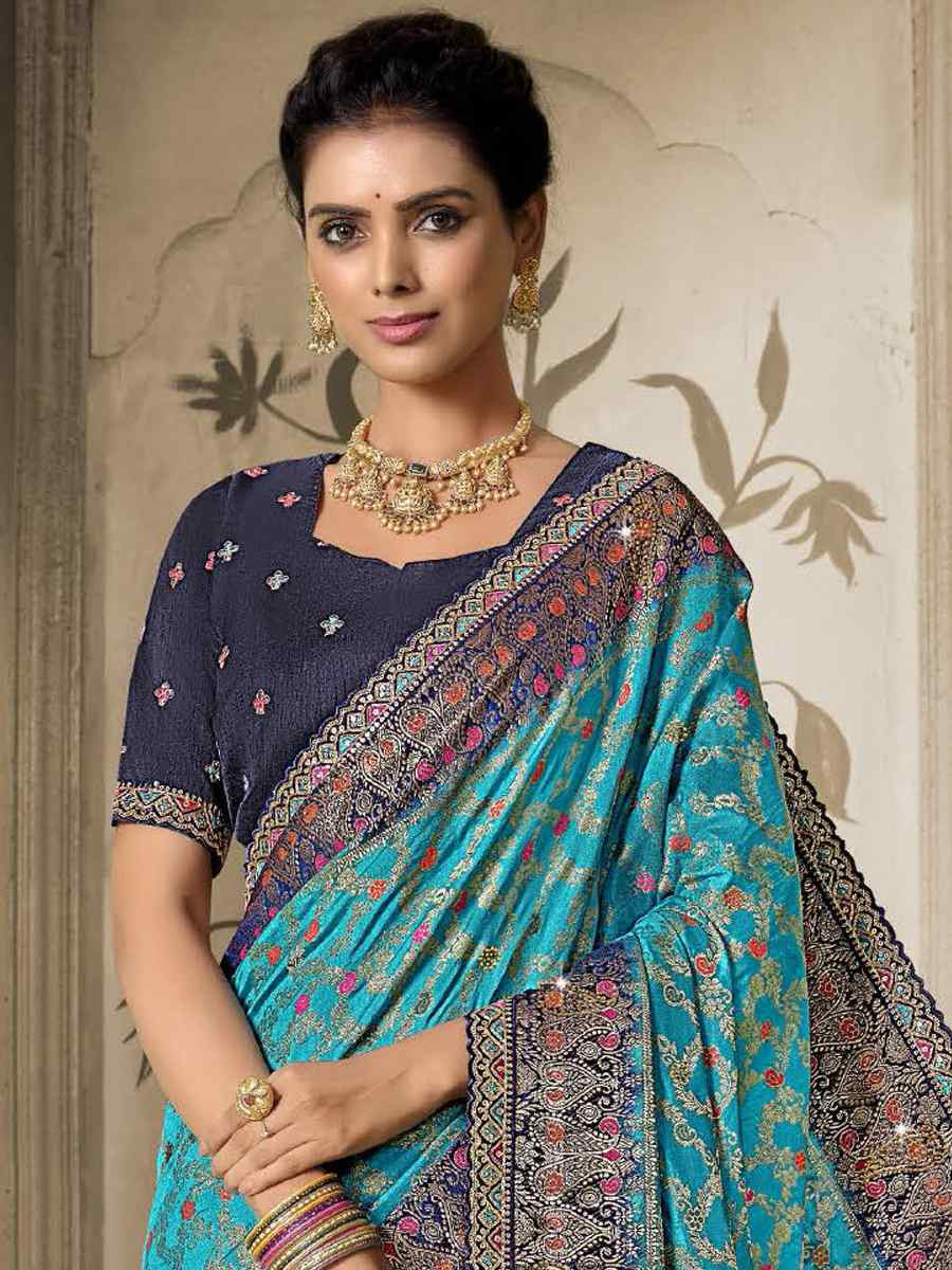 Sky Blue Silk Embroidered Reception Wedding Heavy Border Saree