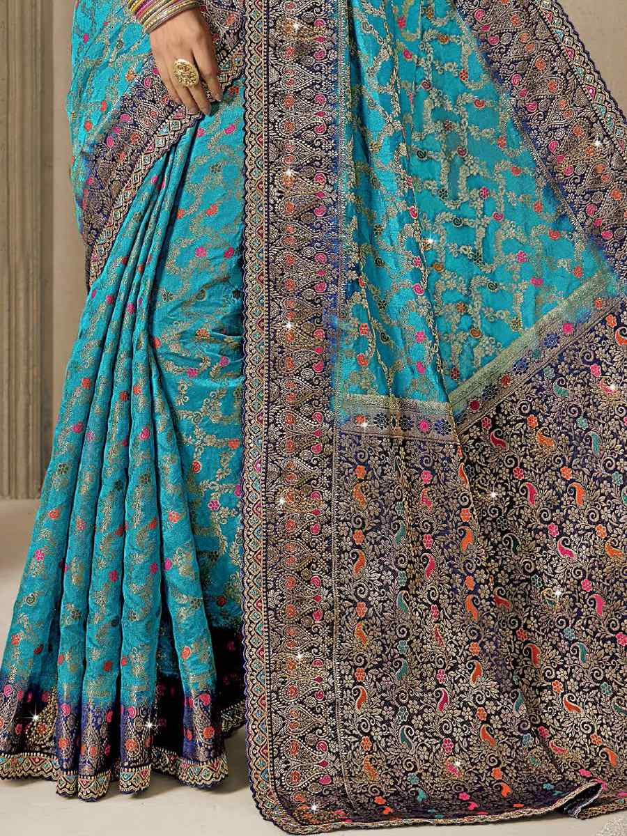 Sky Blue Silk Embroidered Reception Wedding Heavy Border Saree