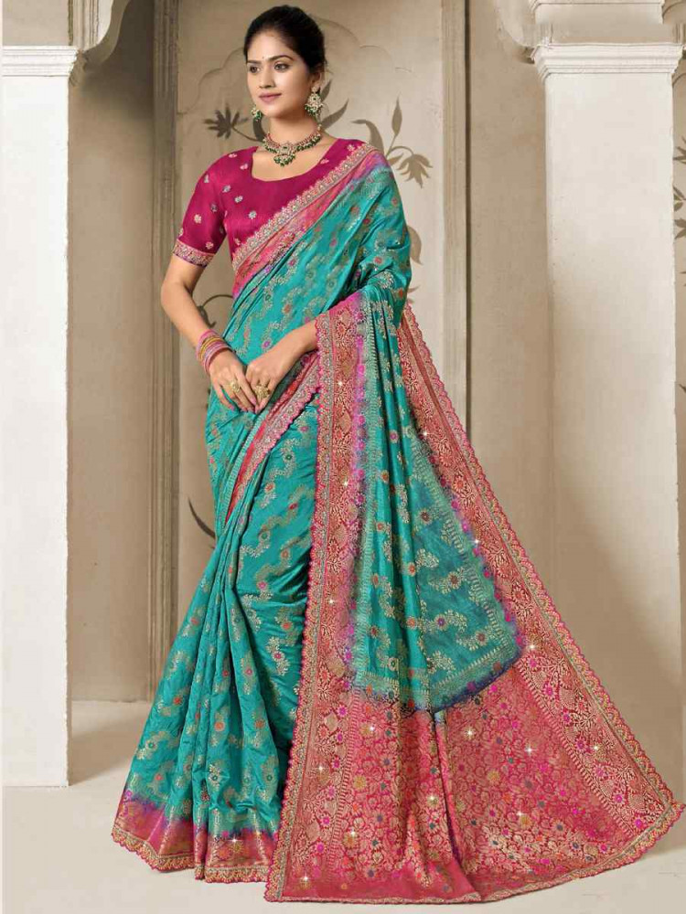 Sky Blue Silk Embroidered Reception Wedding Heavy Border Saree