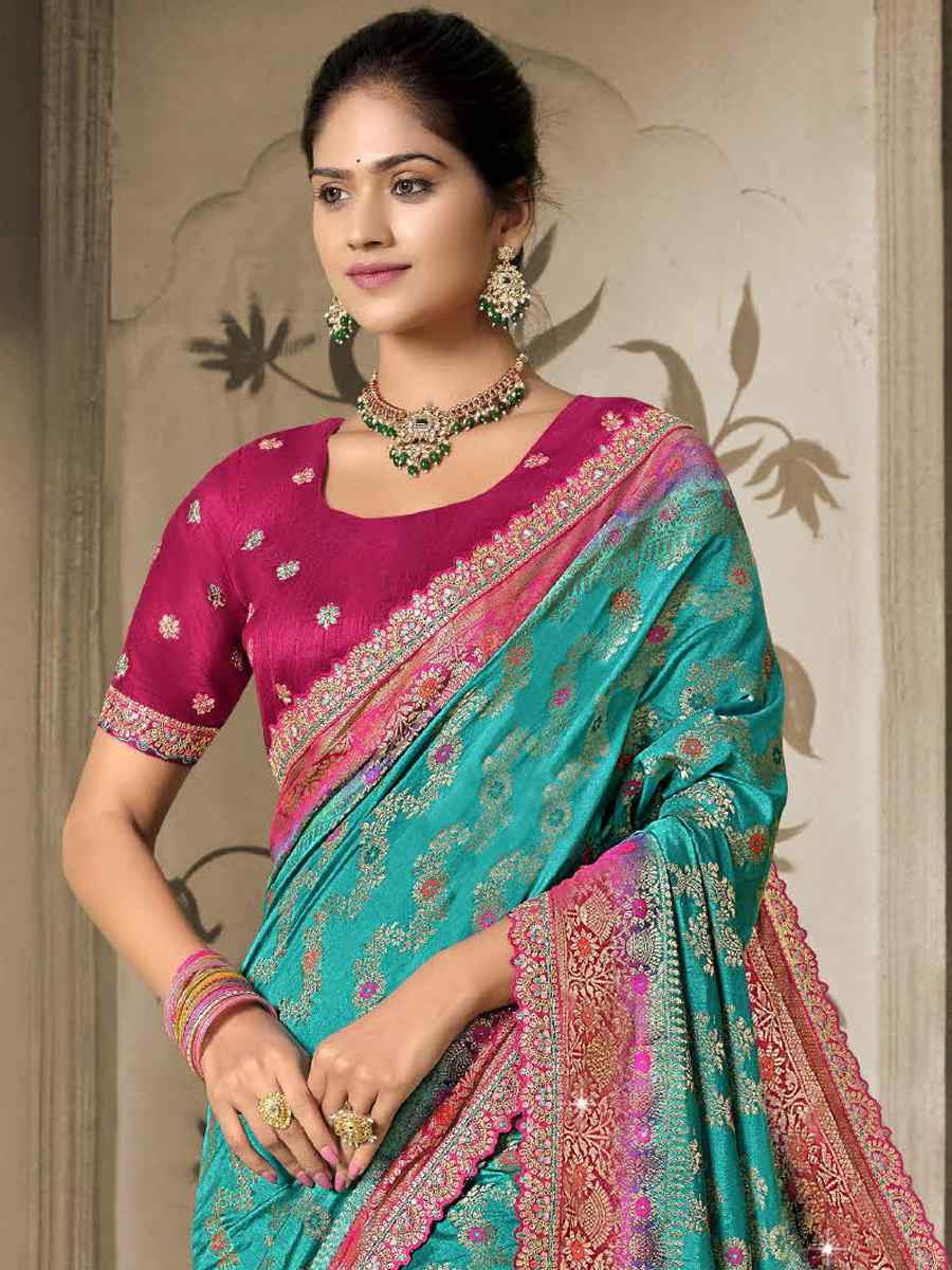 Sky Blue Silk Embroidered Reception Wedding Heavy Border Saree