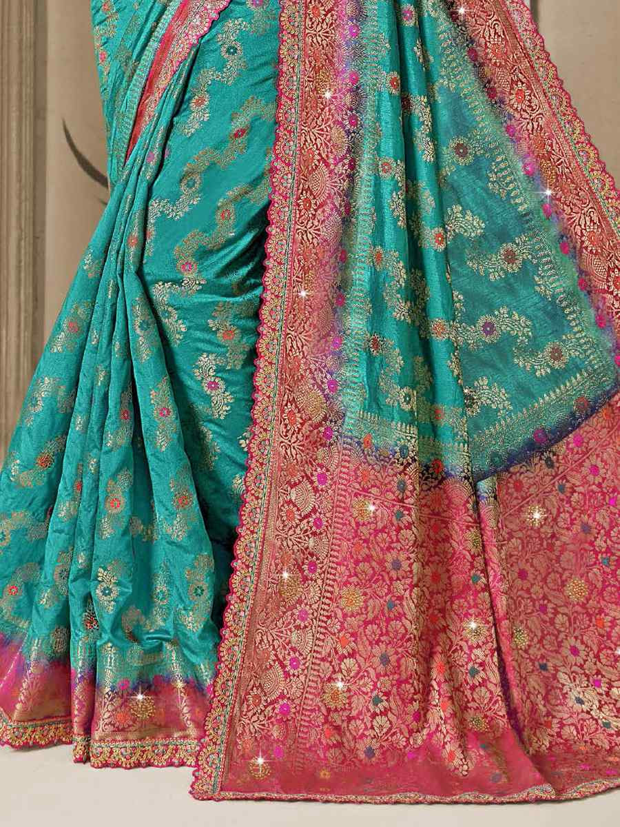 Sky Blue Silk Embroidered Reception Wedding Heavy Border Saree