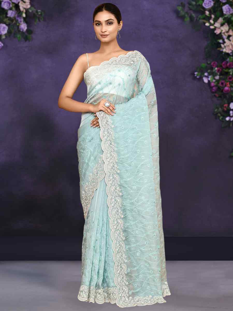 Sky Blue Silk Embroidery Festival Party Classic Style Saree