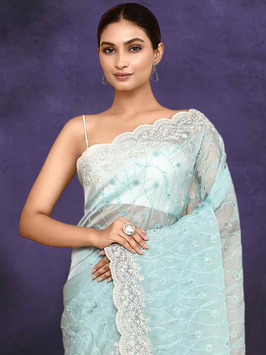 Sky Blue Silk Embroidery Festival Party Classic Style Saree