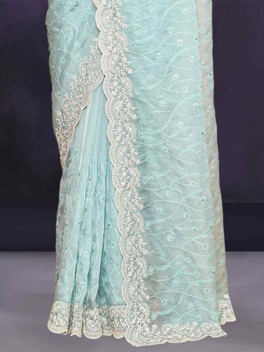 Sky Blue Silk Embroidery Festival Party Classic Style Saree