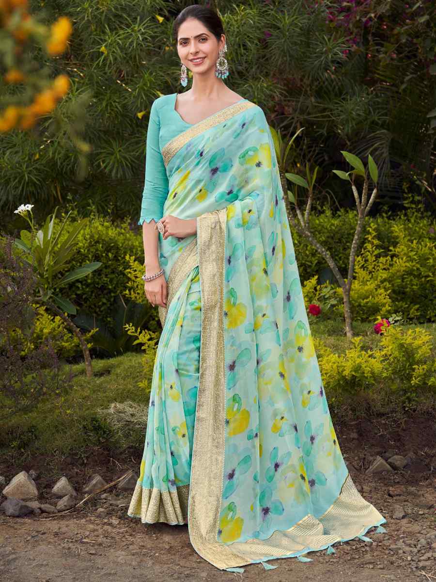 Sky Blue Silk Handwoven Festival Wedding Heavy Border Saree