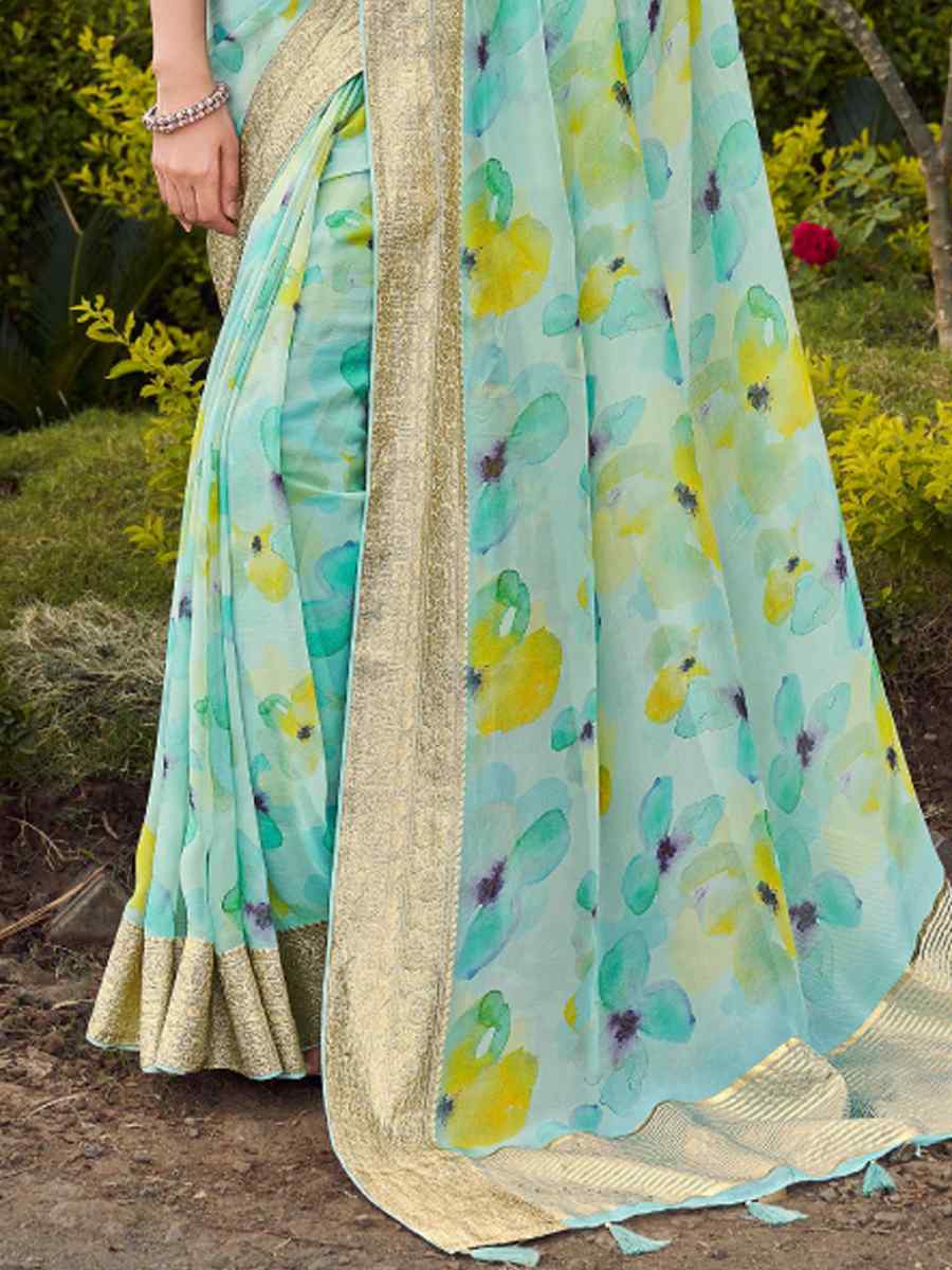 Sky Blue Silk Handwoven Festival Wedding Heavy Border Saree