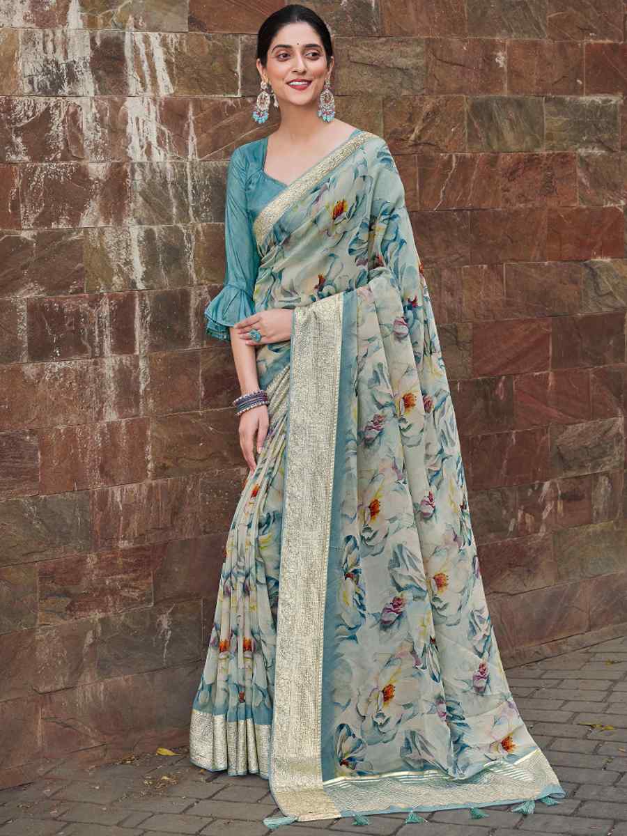 Sky Blue Silk Handwoven Festival Wedding Heavy Border Saree