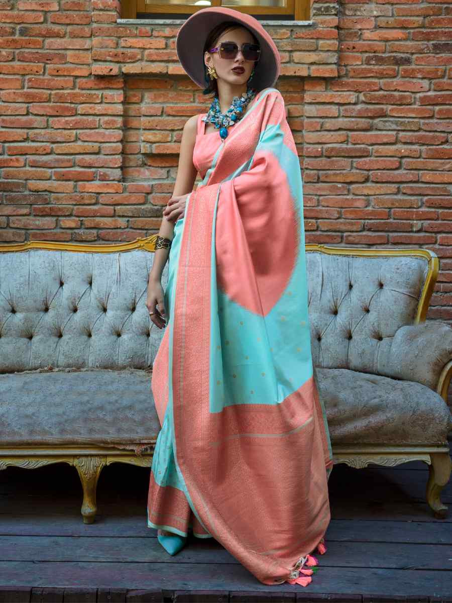 Sky Blue Silk Handwoven Festival Wedding Heavy Border Saree