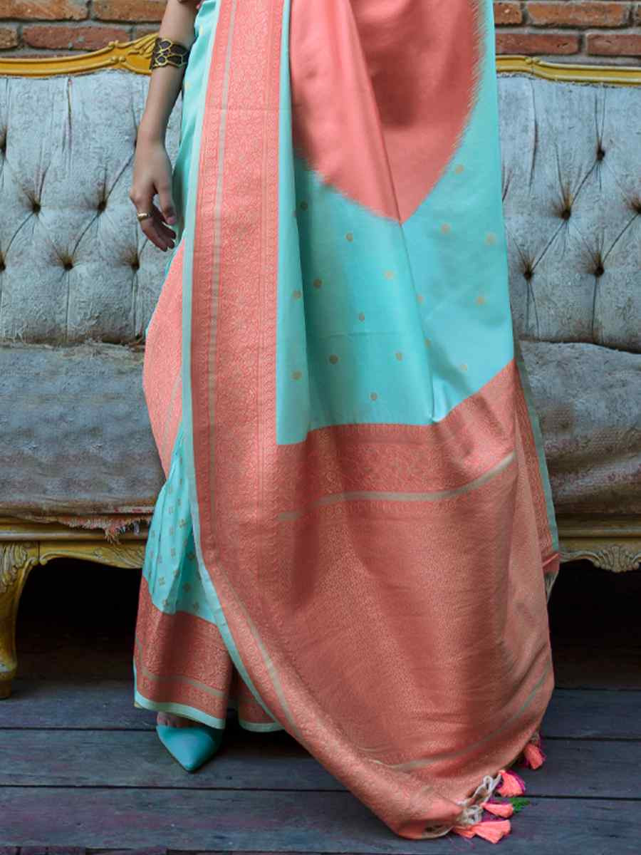 Sky Blue Silk Handwoven Festival Wedding Heavy Border Saree