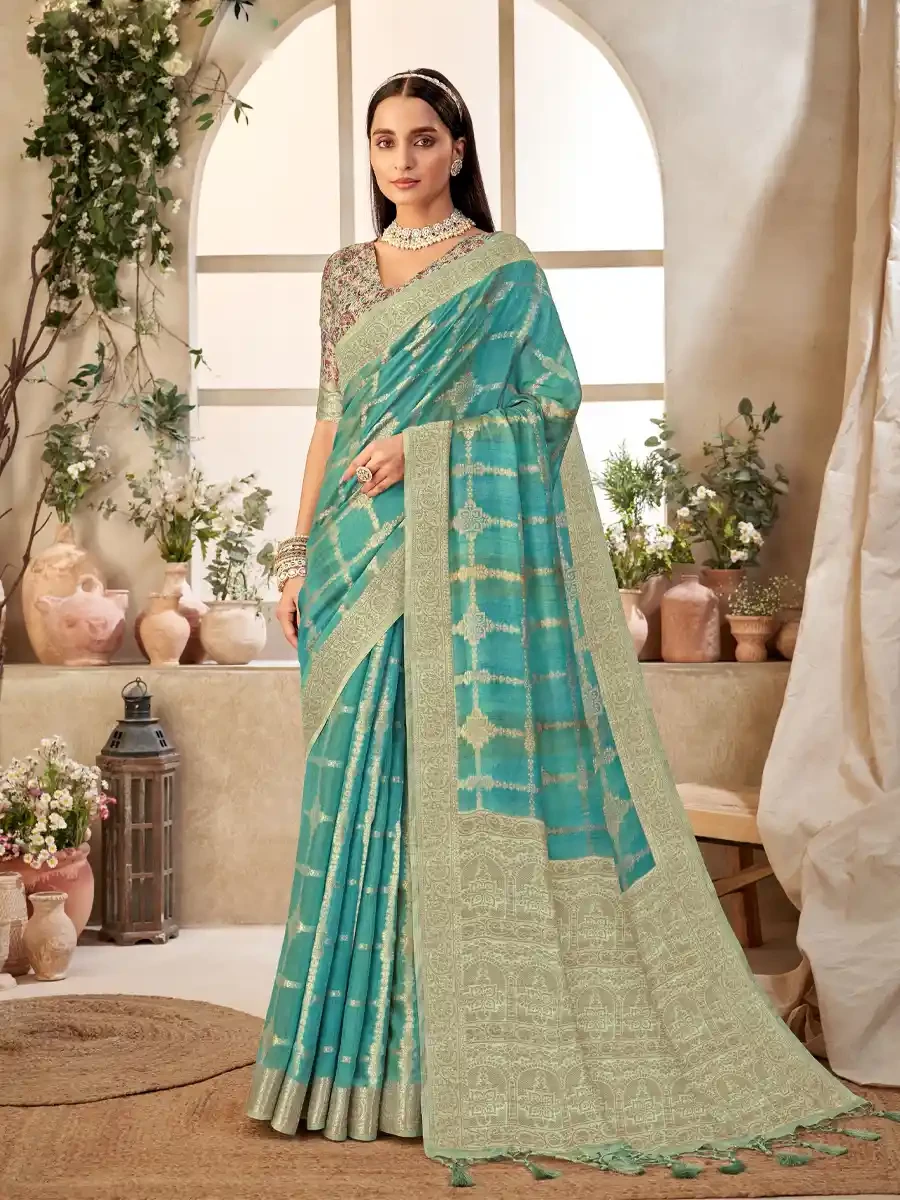 Sky Blue Silk Handwoven Festival Wedding Heavy Border Saree