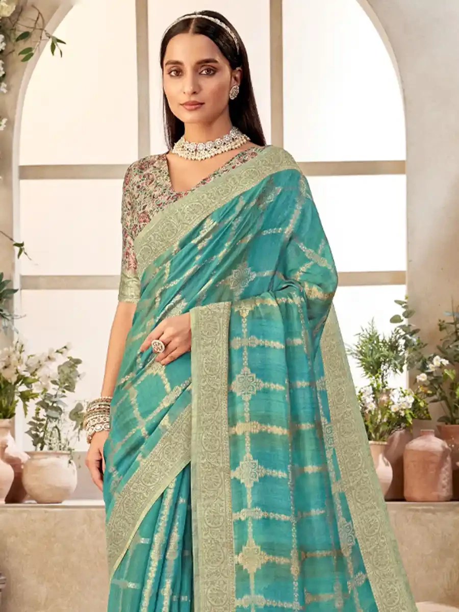 Sky Blue Silk Handwoven Festival Wedding Heavy Border Saree