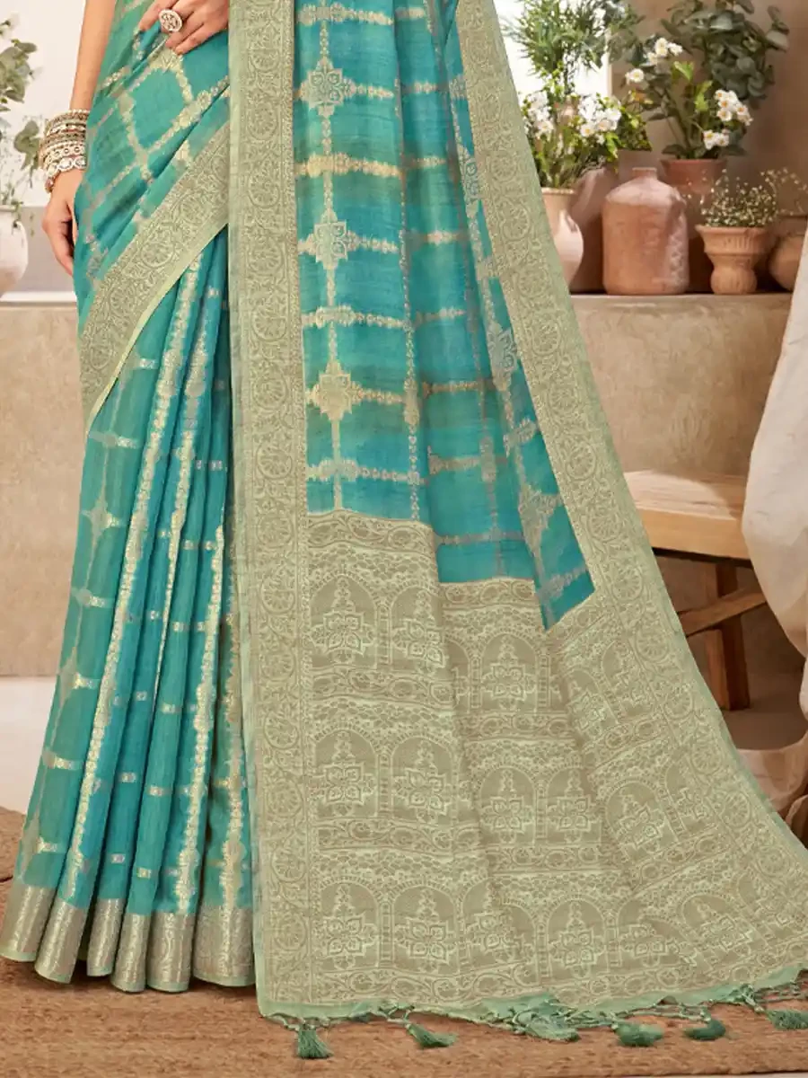 Sky Blue Silk Handwoven Festival Wedding Heavy Border Saree