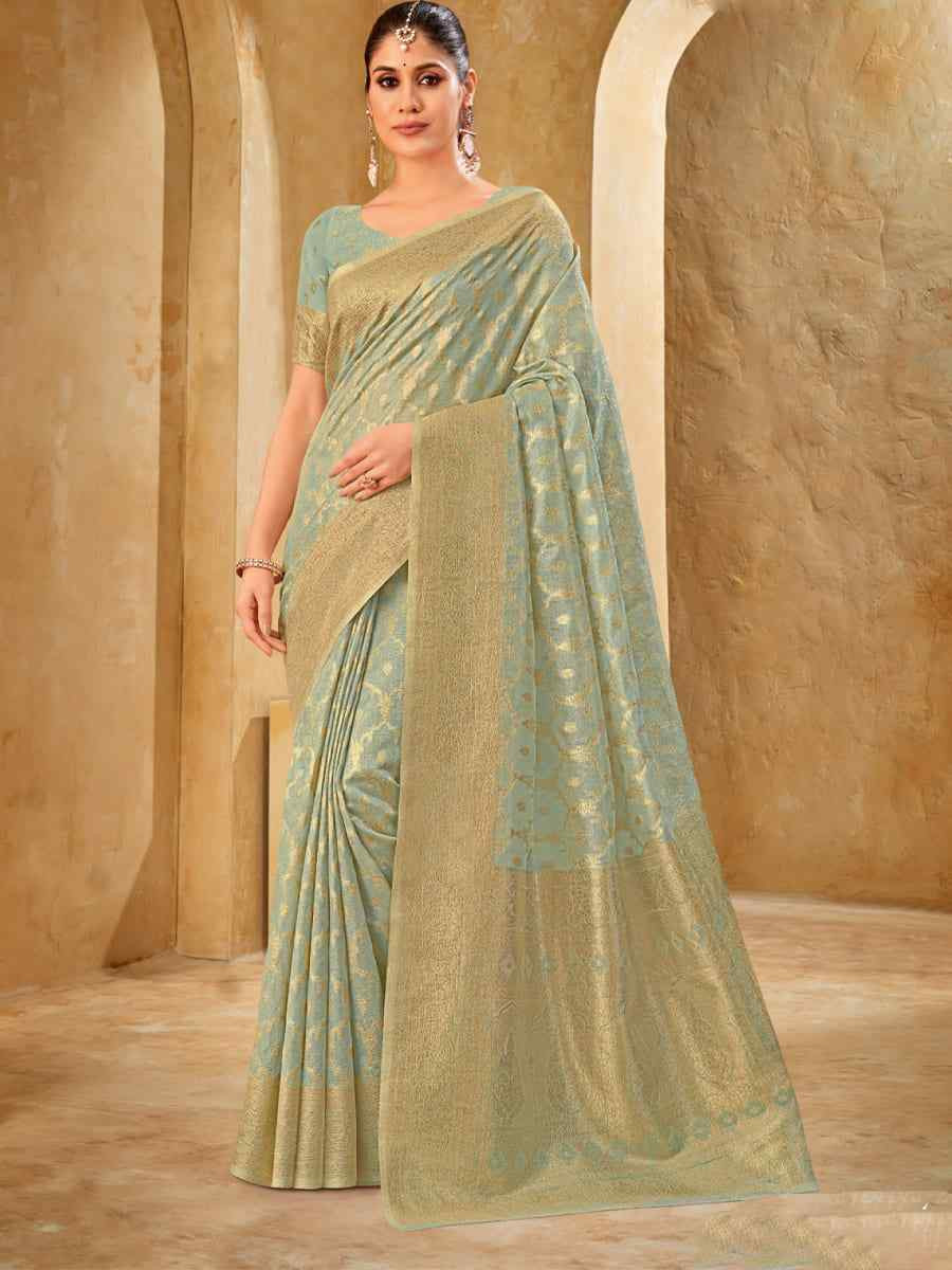 Sky Blue Silk Handwoven Festival Wedding Heavy Border Saree