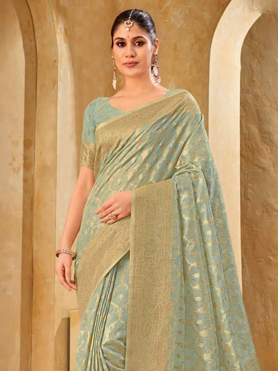 Sky Blue Silk Handwoven Festival Wedding Heavy Border Saree