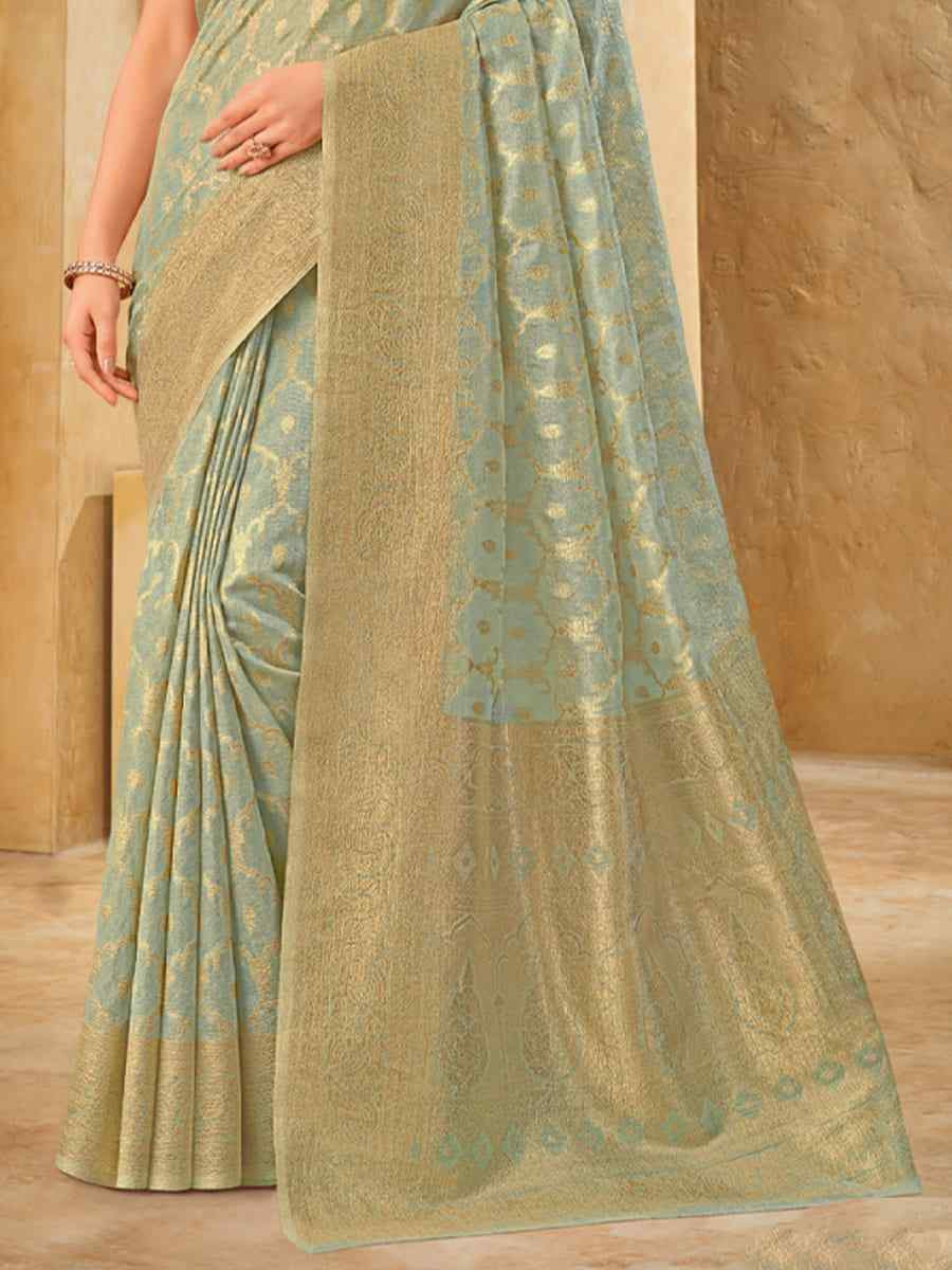 Sky Blue Silk Handwoven Festival Wedding Heavy Border Saree