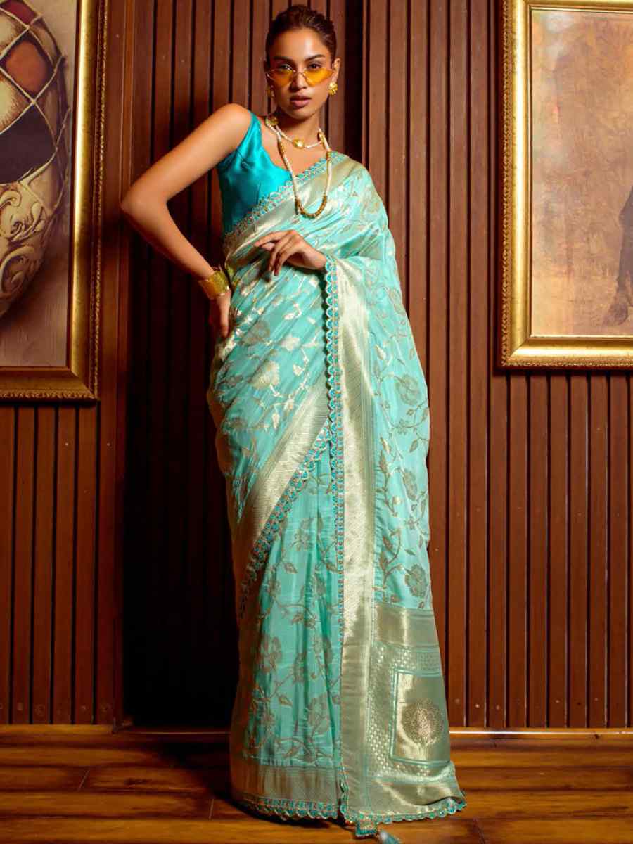 Sky Blue Silk Handwoven Festival Wedding Heavy Border Saree