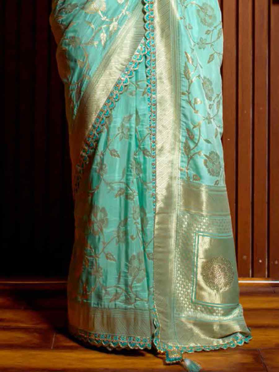 Sky Blue Silk Handwoven Festival Wedding Heavy Border Saree