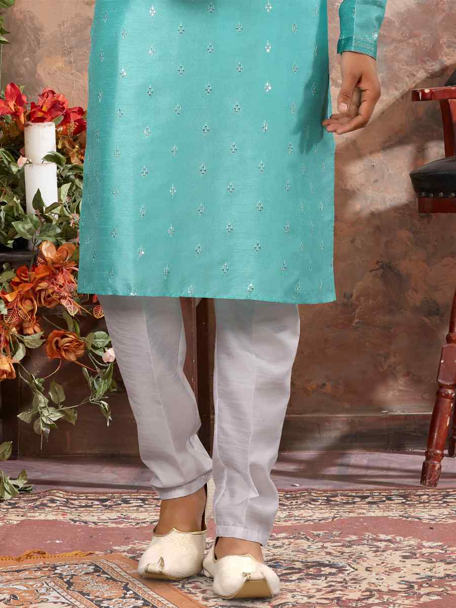 Sky Blue Silk Woven Festival Party Kurta