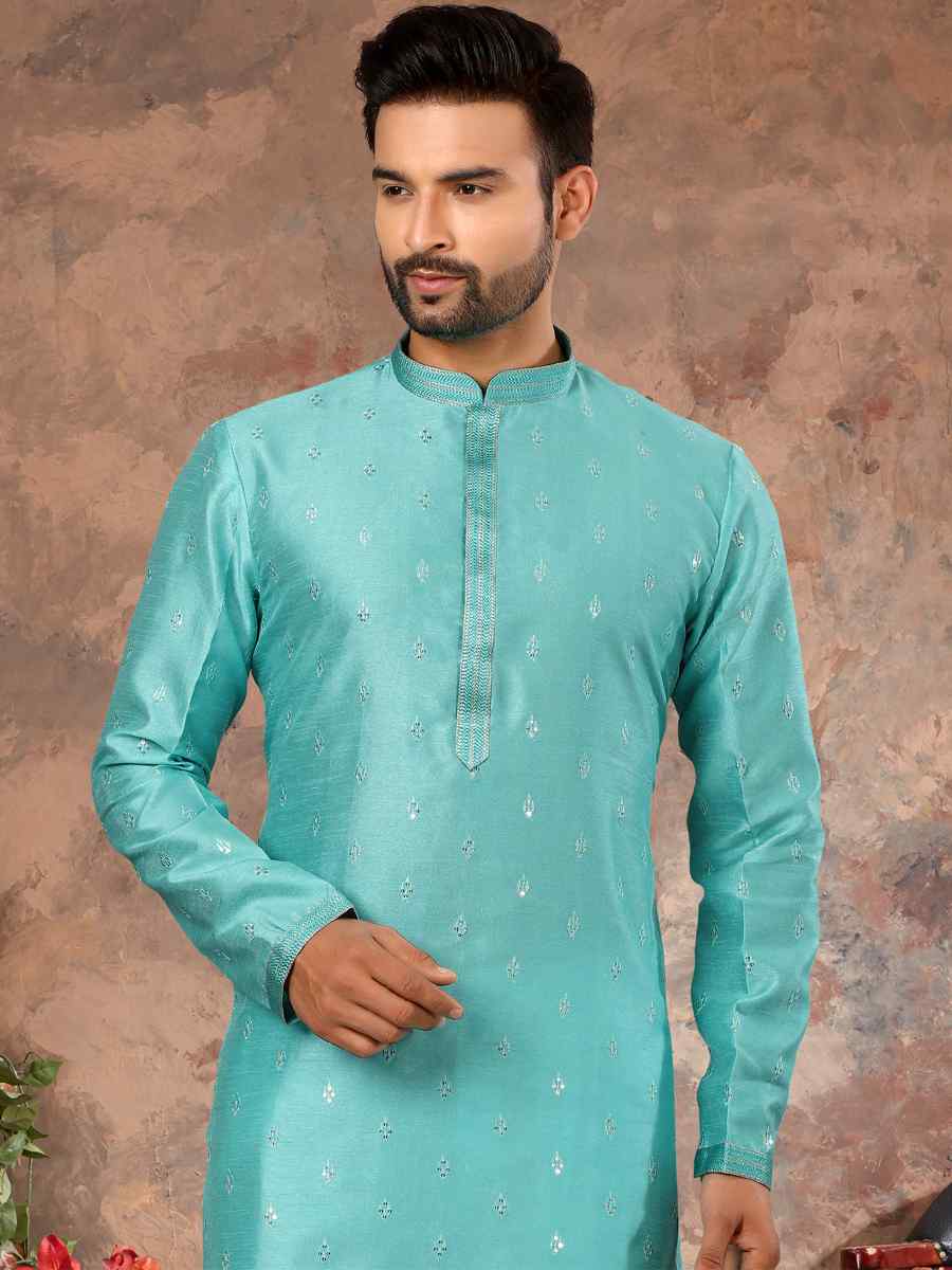 Sky Blue Silk Woven Festival Party Kurta