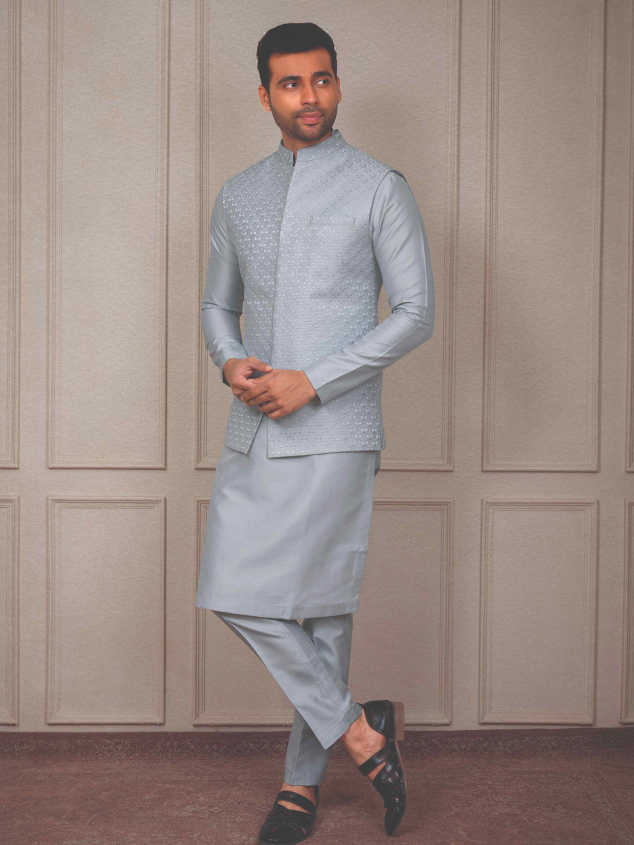 Sky Blue Silk Woven Groom Wedding Kurta