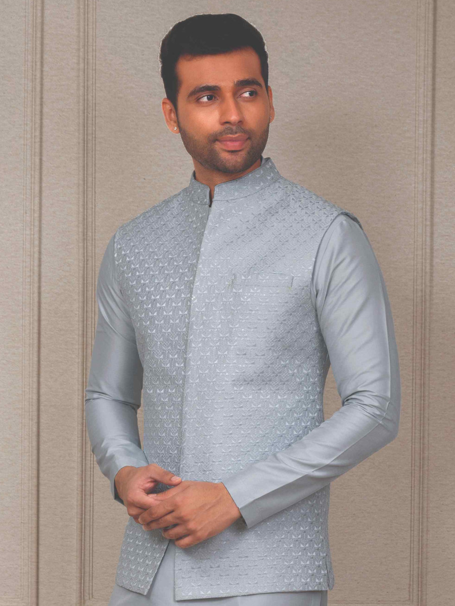 Sky Blue Silk Woven Groom Wedding Kurta